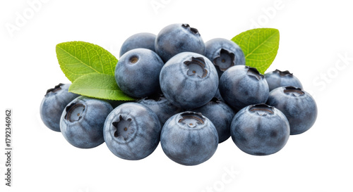 Photography Isolated fresh pile of blueberries with leaves, delicious and healthy snack, foo