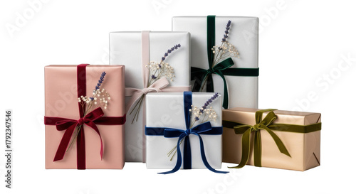 Isolated gifts with elegant ribbons and botanical accents for special occasions, holidays