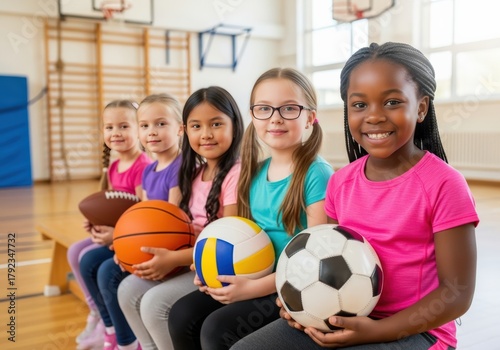 Group of diverse girls smiling and holding sports balls in a gymnasium