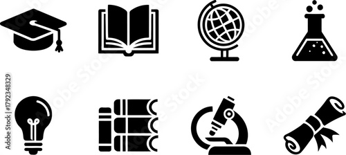 Education learning  set vector illustration for school college and university study tools design vector silhouette  set, silhouette illustration.