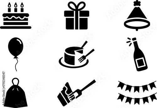 Celebration party event  set vector design for birthday cake gift balloon and champagne elements set vector silhouette  set, silhouette illustration.