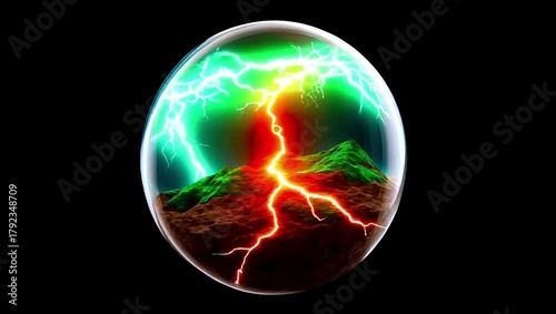 Mystical sphere, intense and energetic, containing a stormy landscape with lightning, dark background