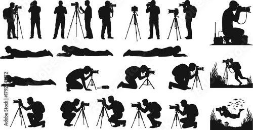 Silhouette photographers with tripod, standing, kneeling, crouching, prone, underwater camera scenes, diverse photography poses, creative vector illustration, professional shooting techniques