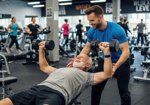 Senior man working out with a personal trainer at the gym