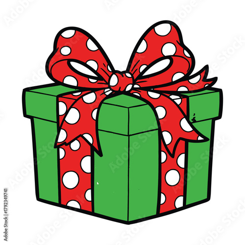 Green gift box with red bow and white polka dots