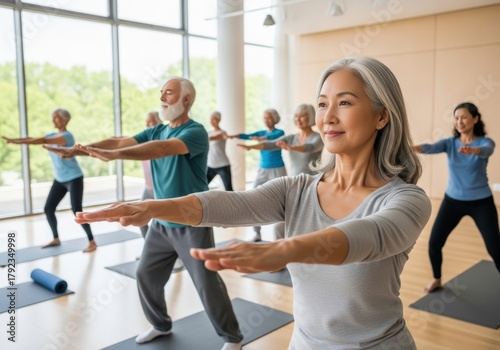 Senior adults practice yoga together in a bright, airy studio for wellness