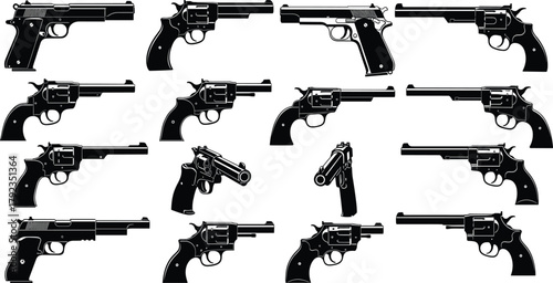 Set of black gun and revolver silhouettes, isolated firearm icons, vintage pistol illustration, weapon collection, vector design, handgun symbols