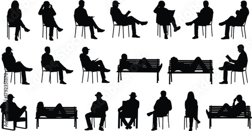 Silhouette seated figures, reclining human postures, chair and bench illustration, ergonomic design reference, lifestyle vector art, relaxation concept collection