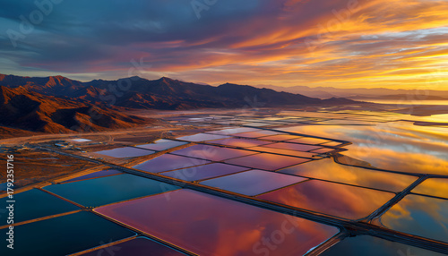 Aerial view of mineral mining evaporation ponds. Industrial landscape with brine pools reflects sunset light. Eco tech for lithium extraction in desert mountains. Critical raw material for electric