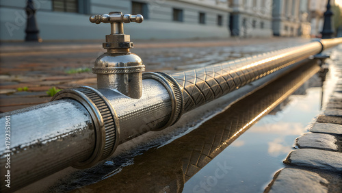 Close-up of a metal water pipe with a valve running along a city street. Ideal for illustrating urban infrastructure, public utilities, water supply systems, maintenance, or city engineering concepts