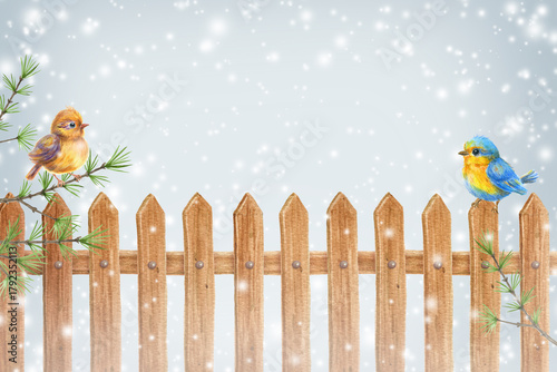Christmas card with two birds on wooden fence and coniferous pine tree twig against background of snowfall. New Year card with snowflakes.