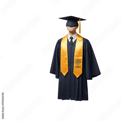Graduate Person Wearing Cap and Gown with Gold Sash in Formal Academic Attire