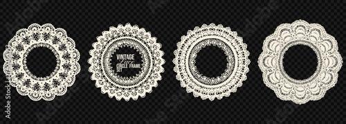 Elegant circular lace floral embroidery border set. Vector pattern scallop shapes, ornate trim, delicate blossom mesh. Decorative vintage ribbon illustration for wedding themes, fashion design, and cl
