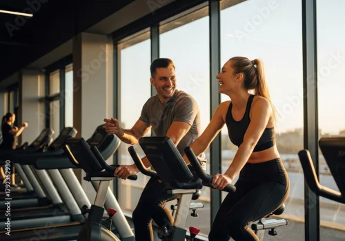 Panel kuchenny z motywem Happy couple working out together on stationary bikes at the gym