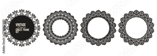 Tulle circular lace embroidery border floral set. Vector pattern with ornamental trim, detailed blossom mesh. Elegant vintage ribbon illustration for wedding invitations, scrapbook.