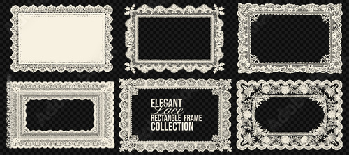 Ornamental lace pattern border vector set. Floral beige embroidery trim frame with detailed mesh and botanical edges. Elegant vintage rectangle illustration for wedding cards, collage or scrapbook