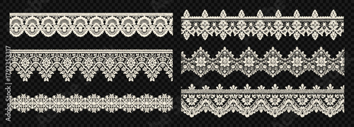 Elegant jacquard lace border vector set. Floral pattern with embroidery trim, scalloped edges, delicate botanical texture. Vintage ribbon illustration for collage, posters, scrapbook.