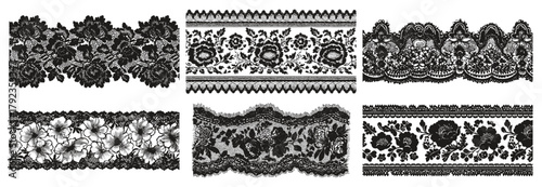 Floral lace border pattern vector set embroidery trim with ornate flower design and vintage ribbon texture. Decorative shape with botanical vines, elegant textile for wedding and collages, posters.
