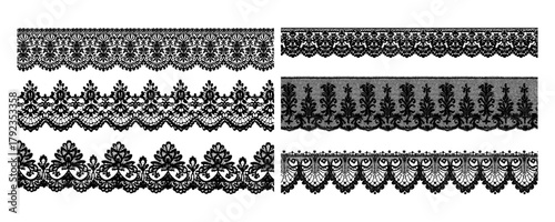 Vintage gothic lace border pattern set. Vector embroidery trim with ornate floral blossom, textured mesh. Decorative ribbon illustration. Botanical elegance stripe shapes for vintage editorial design.