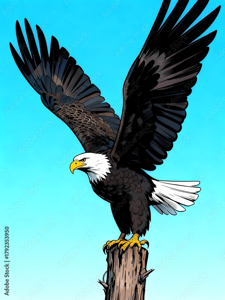 Obraz premium majestic bald eagle about fly from wooden post cool day illustration