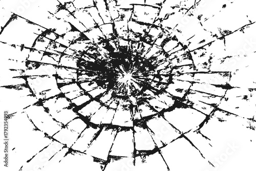 Broken glass shatter vector texture with circular pattern and realistic burst effect. Cracked surface forms radial fragments and debris pieces. Vector shattered glass background.