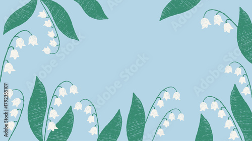 Floral Card with Spring May Lilies of the Valley on Blue Background. Hand-drawn Textured Crayon Horizontal Frame Poster with white forest flowers. Vector illustration. Not AI