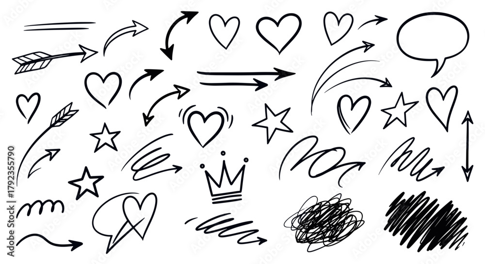 Obraz premium Collection of hand-drawn doodle elements including arrows, hearts, stars, crown, speech bubble, and scribbles.