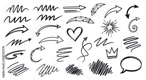 Collection of hand-drawn doodle elements including arrows, heart, crown, speech bubble, and abstract scribbles.