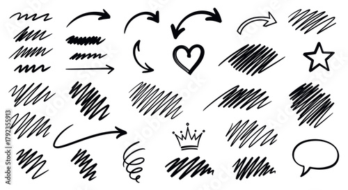 Collection of hand-drawn doodle elements including arrows, scribbles, heart, star, crown, and speech bubble.