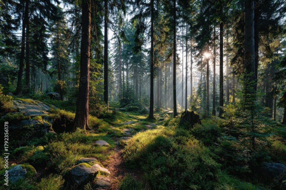 Naklejka premium Morning sunlight piercing through evergreen trees in a bright Forest landscape, sunbeams illuminating mossy rocks and creating a tranquil scene