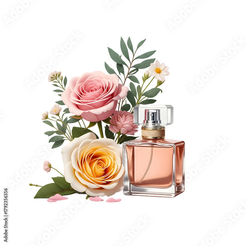 Elegant Floral Perfume Bottle with Pink and Yellow Roses and Green Foliage