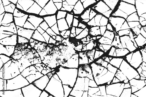 Cracked surface texture vector abstract pattern with halftone effect. Vintage shattered wall look blending glass fracture and grunge noise for creative backgrounds or print overlays.