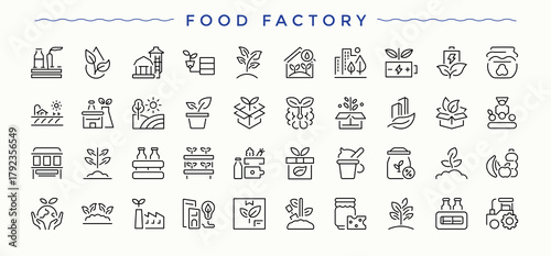 Food Factory icon collection. Thin web icons. Vector illustration. Pixel perfect. Landscape icon collection. Includes symbols for garden, mountain, landscape, farm, park and more.