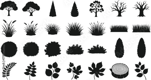 Tree silhouettes, shrubs, grasses, leaves, botanical illustration, landscape design, nature elements, plant icons, foliage shapes, creative vegetation graphics