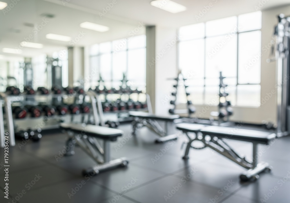 Fototapeta premium Modern gym interior with exercise equipment and natural light