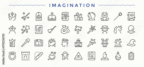 Imagination icon set. Wizard line icon set. Minimal linear icons. Includes symbols for magical, entertainment, magician, trick, wizard, wand. Pixel perfect. Editable vector.