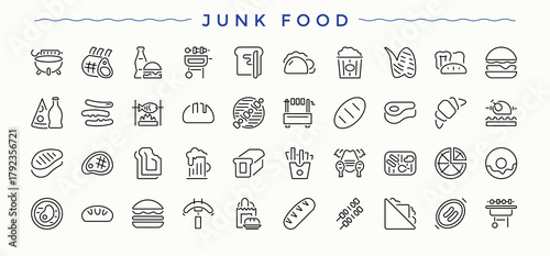 Junk Food related icon set. Food icon. Includes symbols for fast food, bakery, food, beverage, unhealthy food and more. Vector illustration in modern line style.