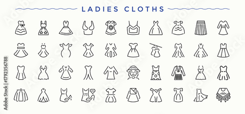 Ladies Cloths modern icon set. Minimalist icons collection. Outerwear icon set. Containing cloth, wear, apparel, suit, outerwear and more.