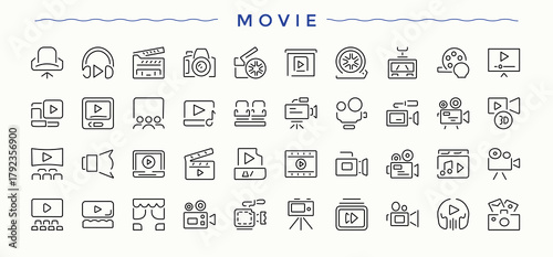Movie icon set. Contains outline symbols like music, speaker, audio, multimedia, sound, film and more. Video icon. Icons for UI design. Vector collections.