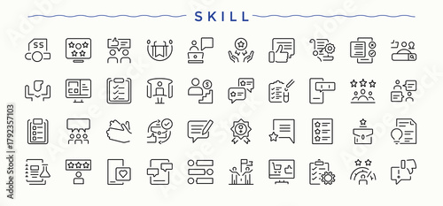 Skill icon collection. Related to talent, ability, communication, solving, knowledge and more. Communication icon. Modern thin line style icons. Editable stroke collections.
