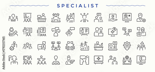 Specialist icon set. Web icons pack. Included clinic, hospital, medical, treatment, surgeon. Pixel perfect. Editable vector. Health icon.
