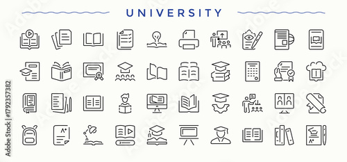 Set of University line icon. Included school, scholar, scholarship, learning, academy, study, academic institution and more. Line symbol and sign. Academy icon set. Pictogram and infographic.