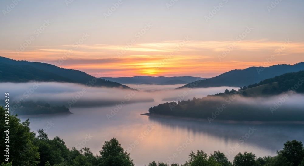 Fototapeta premium Serene sunrise over a misty lake surrounded by rolling, tree-covered hills, casting a warm, golden glow across the tranquil water.