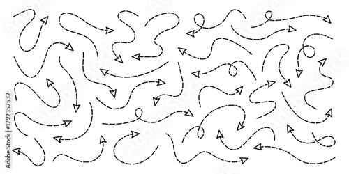 Collection of hand-drawn, dashed black arrows with various curved, winding, and looping paths vector icons