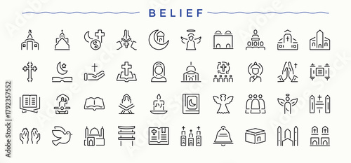 Belief icon set. Pray icon set. Related to church, catholic, islam, faith, ritual, prayer and more. Editable stroke. Vector collection.