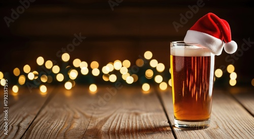 Festive Beer Glass with Christmas Hat Decorated in Cozy Celebration Environment