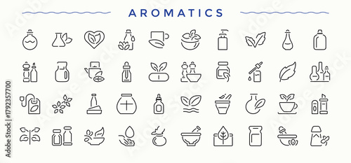 Aromatics icon set. Icons for website. Vector illustration in modern line style. Cosmetic icon set. Containing cosmetics product, skincare, care, beauty and more.