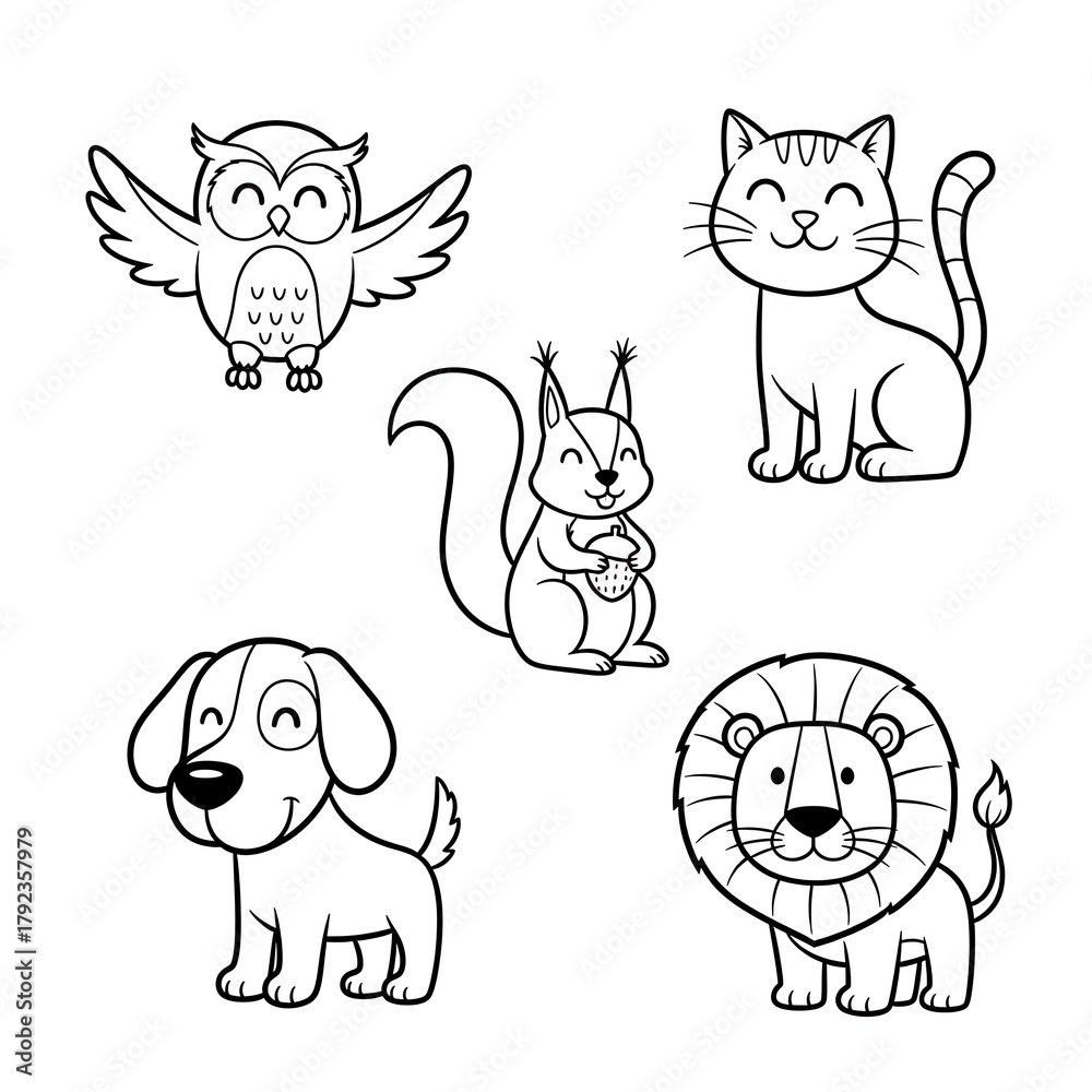 Obraz premium Charming hand drawn line art illustrations of cute cartoon animals including owl cat squirrel dog and lion