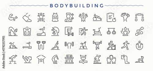 Bodybuilding vector line icon set. Modern thin line style icons. Gym linear icon collection. Contain linear symbols healthy, fit, activity, equipment, exercise and more.