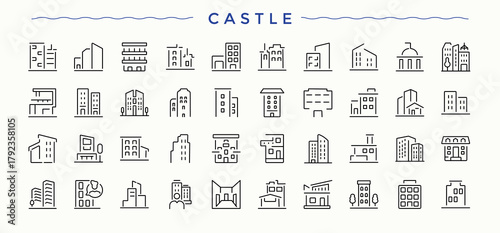 Castle icon set. Isolated icons. Editable stroke vector art. House vector line icon set. It contains symbols to office, museum, residential, villa, estate, real estate and more.